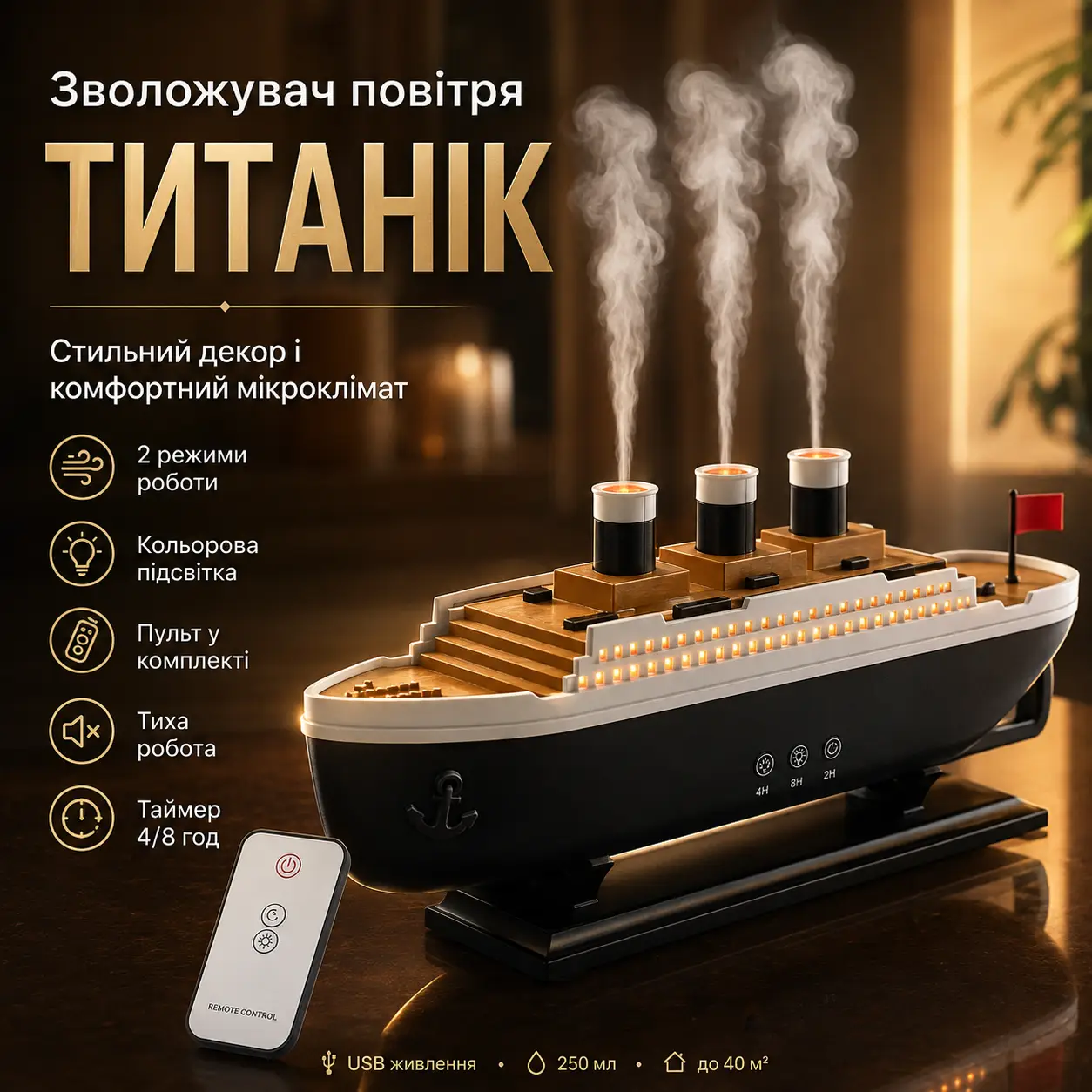 Зволожувач повітря Тисник 30 см, 250 мл, від USB, RGB/Зволожувач аромадифузор