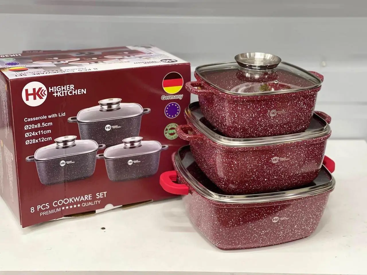 Набір каструль Higher Kitchen HK-302 КРАСНІ з гранітним антипригарним покриттям