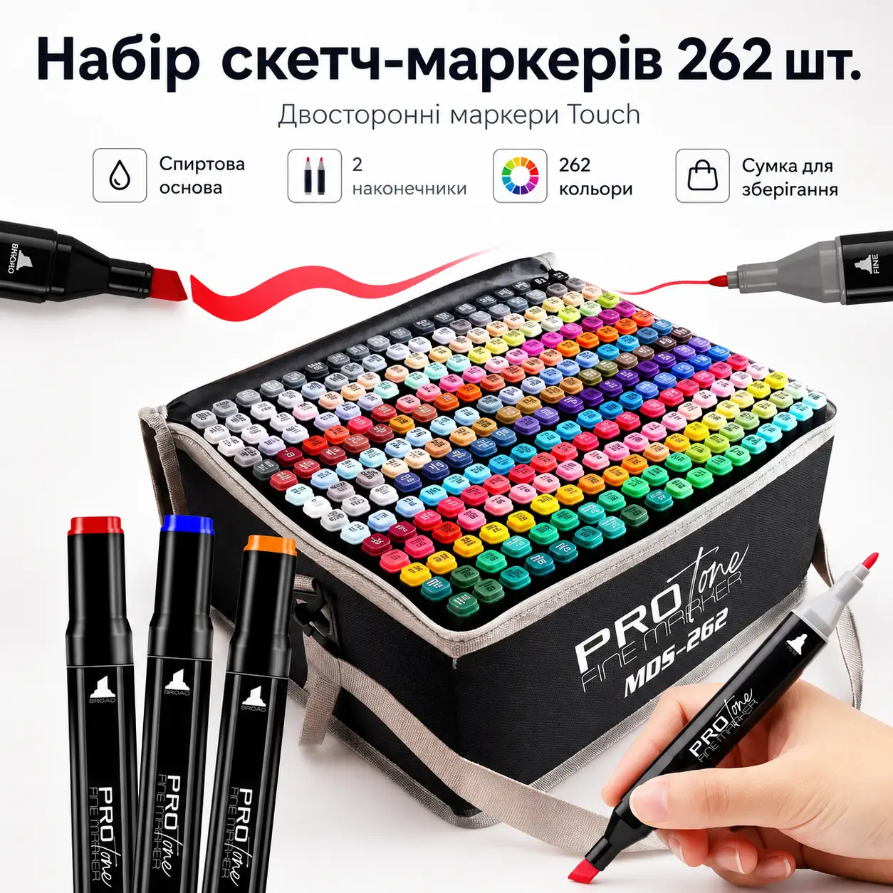 Набір скетч-маркерів у сумці 262 шт. для малювання двосторонніх Touch
