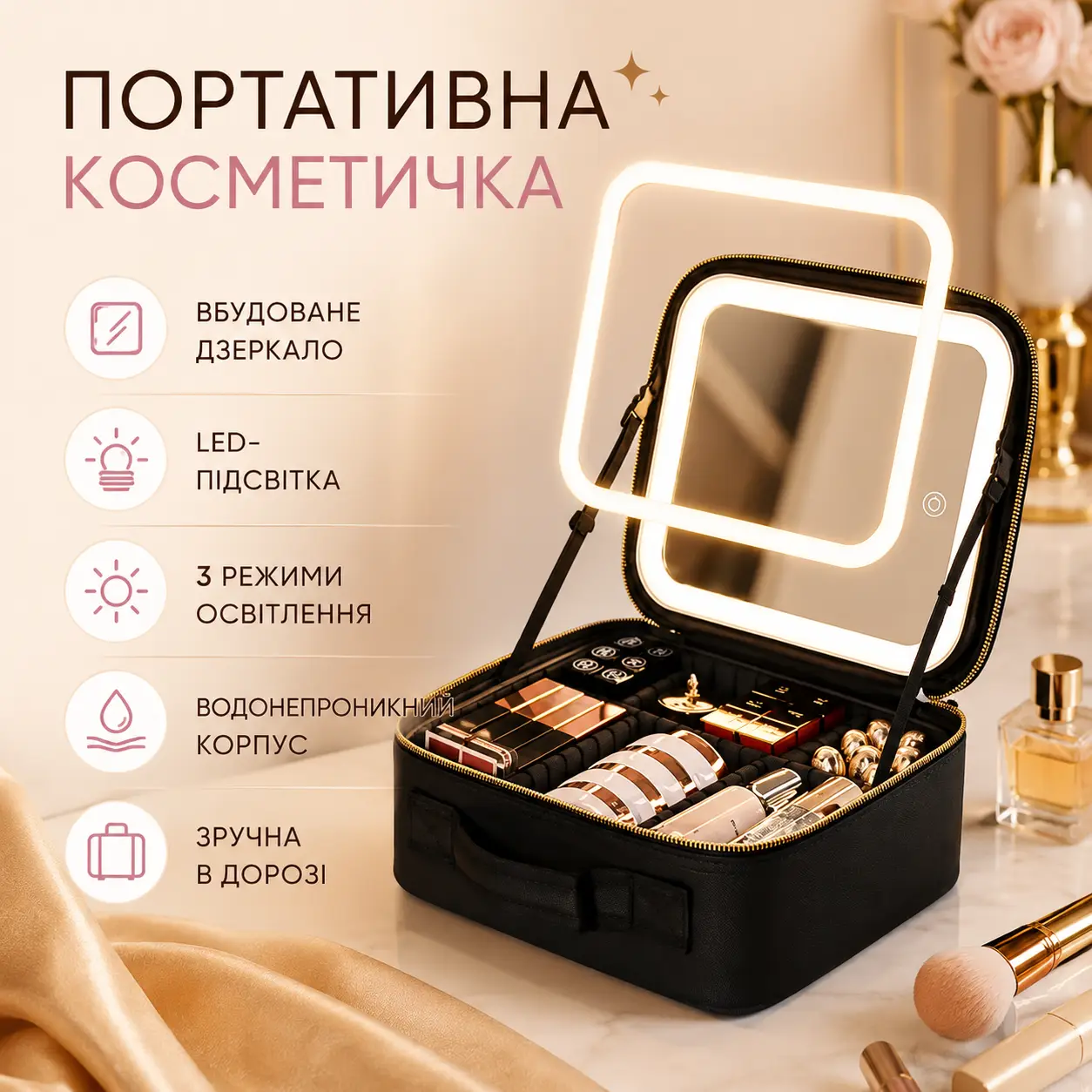 Портативна косметичка шкіряна з дзеркальцем зі світлодіодною LED-підсвіткою.