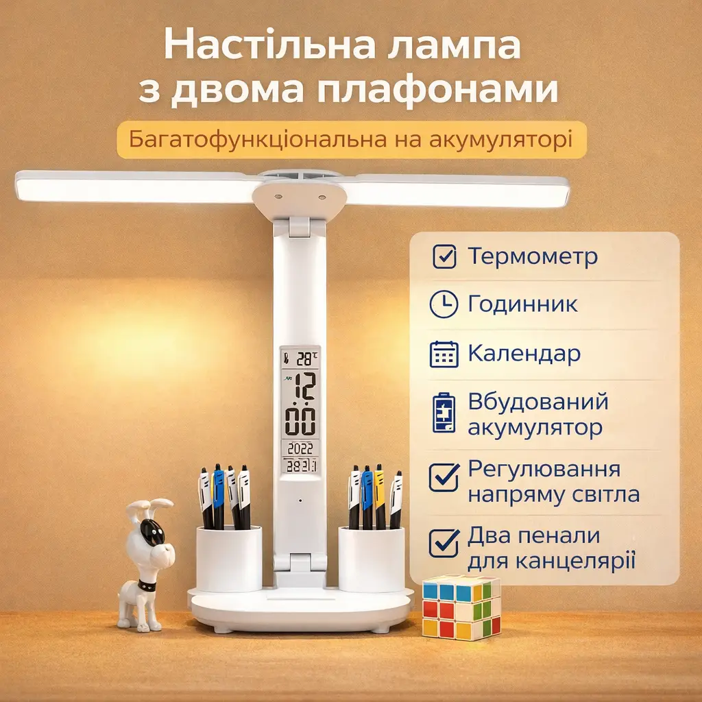 Світлодіодна настільна лампа з двома плафонами на акумуляторі з термометром, годинником, календарем