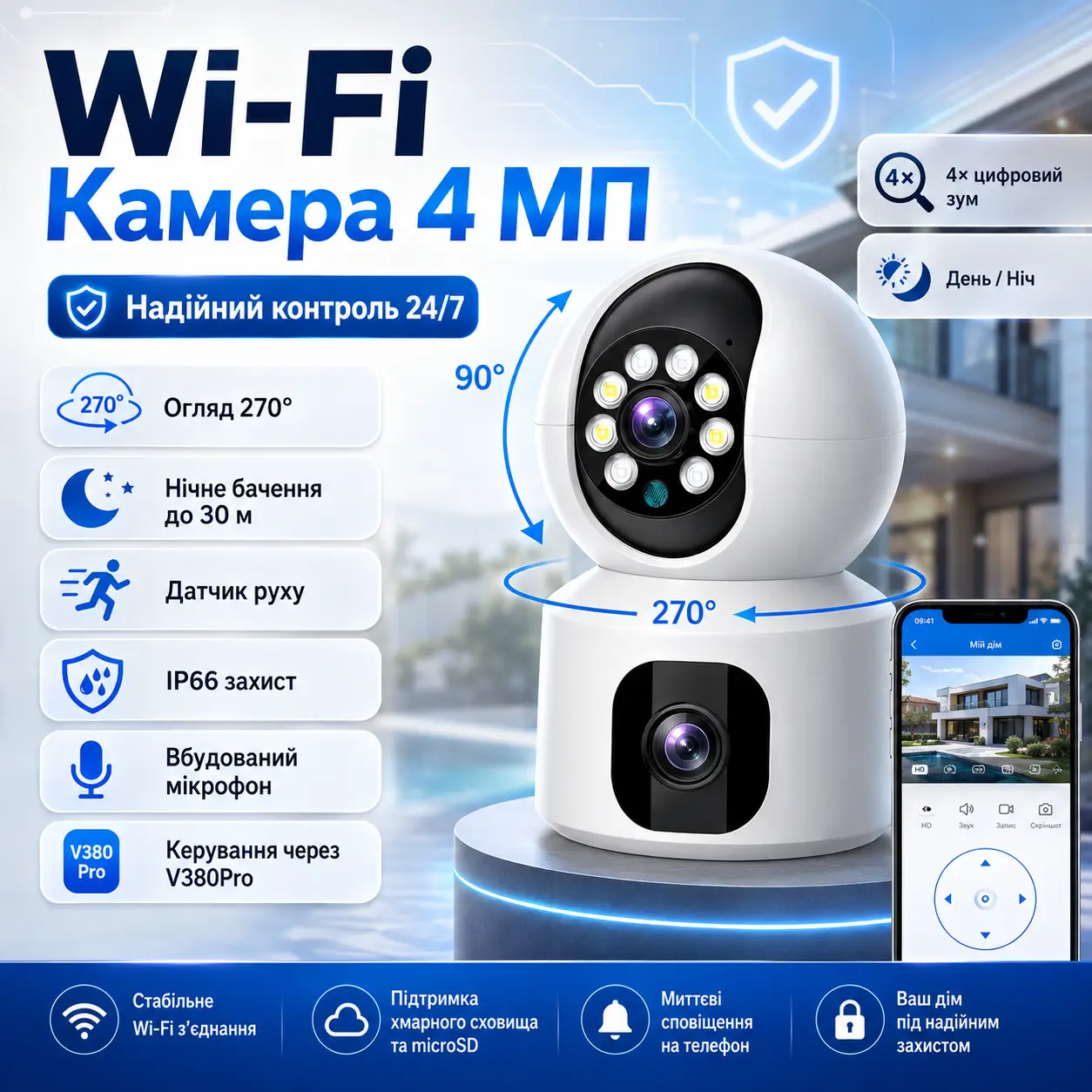 Домашня камера відеоспостереження WIFI 2DUAL LENS PTZ CAMERA APP:V380PRO 4MP