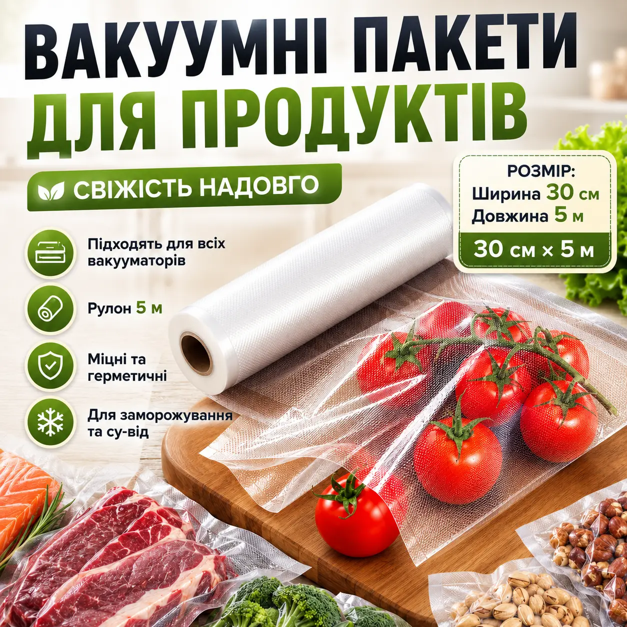 Вакуумні пакети для вакууматора 30х500 см у рулоні харчові для зберігання їжі продуктів