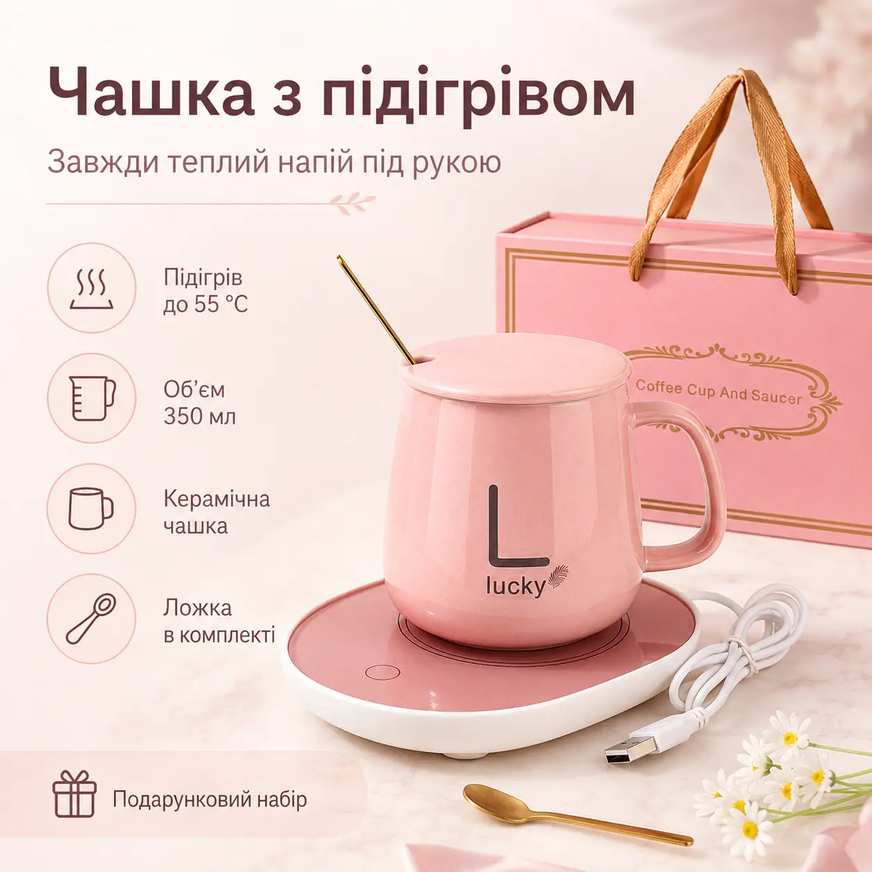 Чашка 350 мл на підставці з підігрівом до +55 °C, Рожева/Карка керамічна з ложкою в подарунковому пакованні