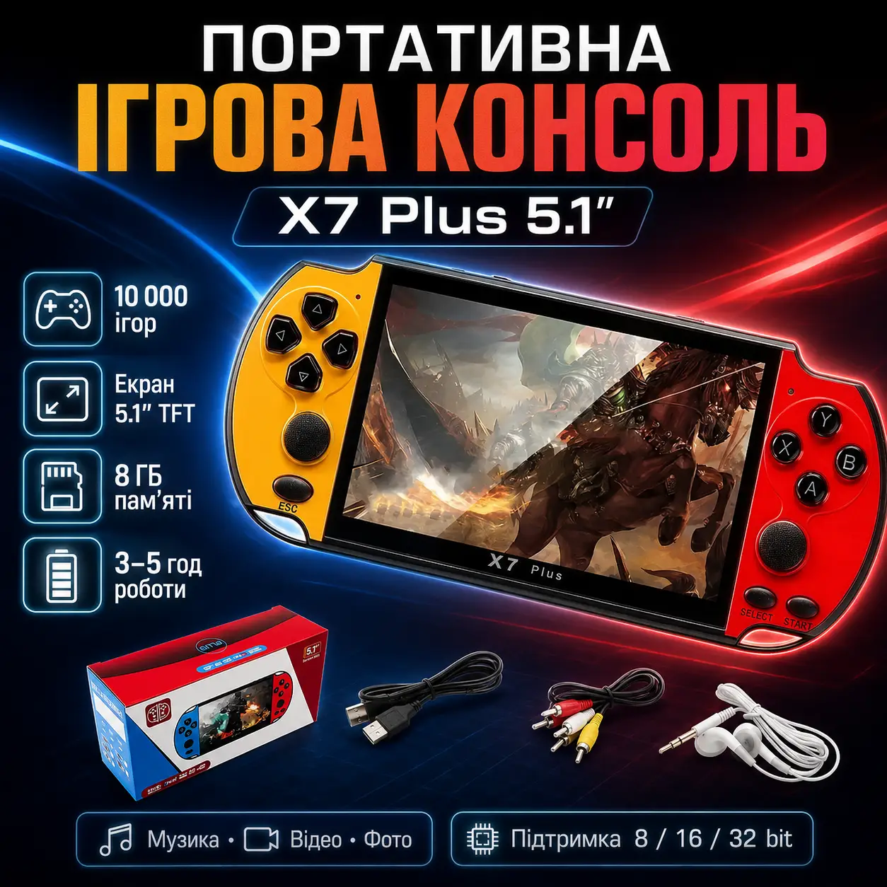 Ігрова приставка портативна PSP X7, екран 5.1, вбудовані ігри, 8 Гб пам'яті