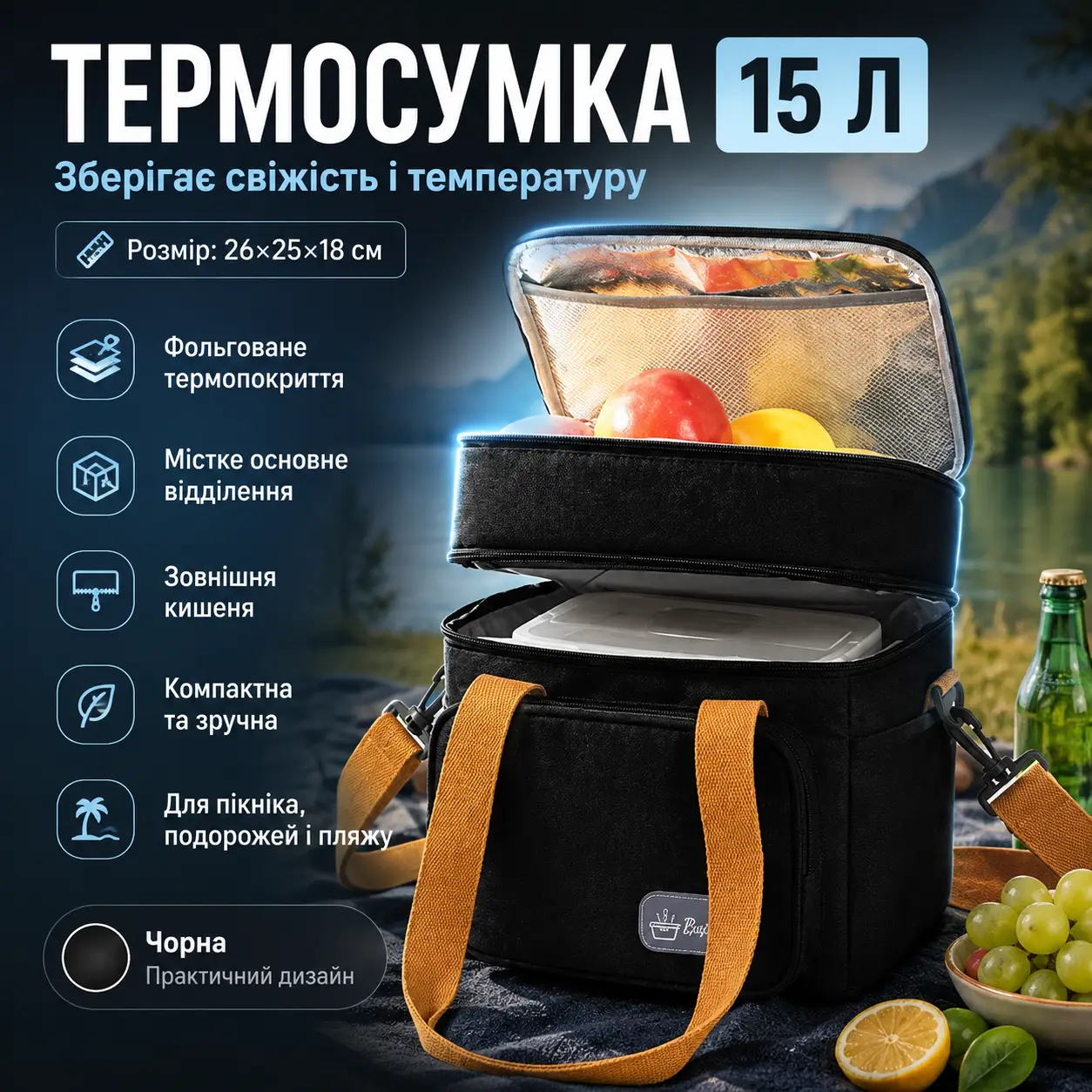 Сумка холодильник 26х25х18 см 15 л (термо-сумка) чорна
