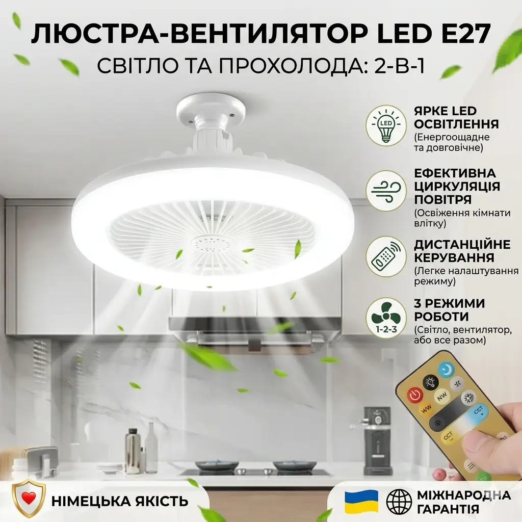 Лампа-вентилятор у патрон + пульт, CHP-006, Біла/LED люстра з вентилятором/Потовковий льод вентилятор
