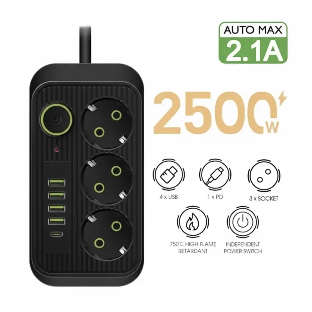 Мережевий фільтр живлення UA Power Socket F09U на 185 см  3 розетки +4 USB + Type-C Port, мережевий подовжувач