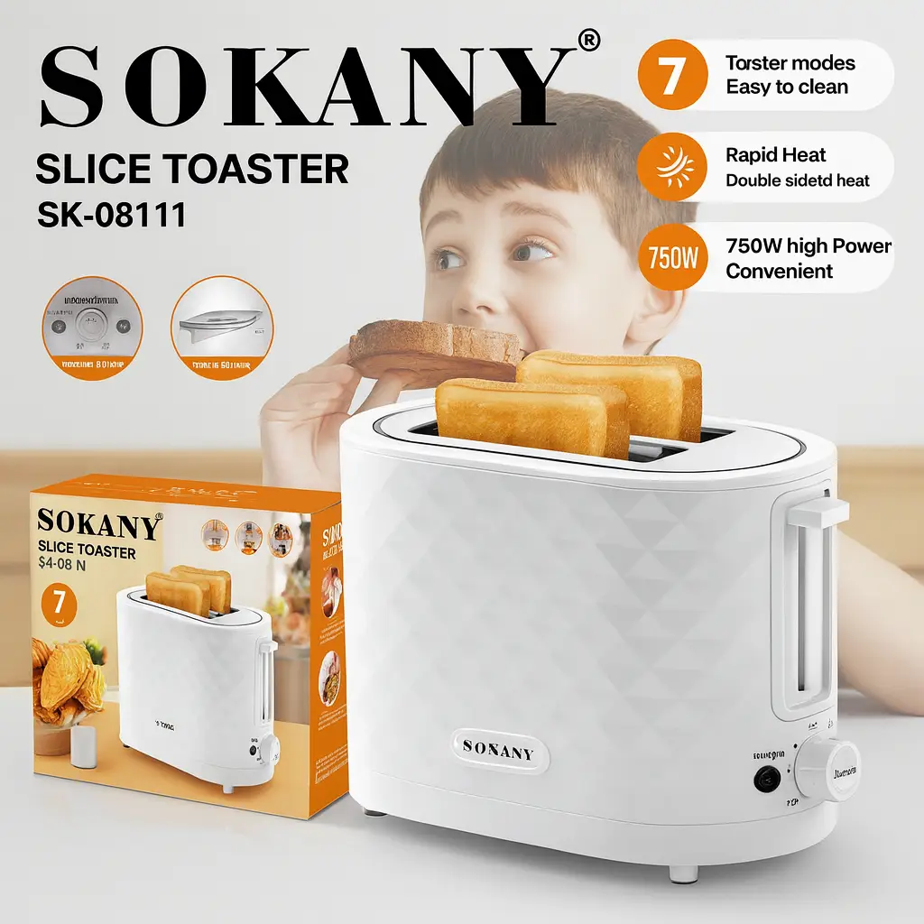 Подвійний побутовий тостер для хліба та 7 температурних режимів Sokany SK-08111 з режимом підігрівання 750 Вт