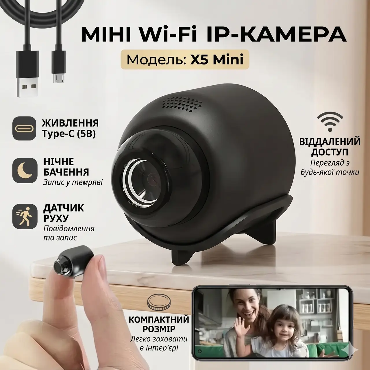 Міні Wi-Fi камера відеоспостереження X5 Mini з датчиком руху та нічною зніманням 1080P