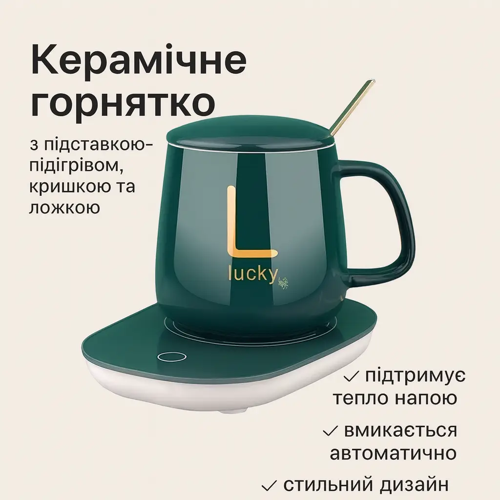 УЦІНКА! Керамічна чашка на 380 мл підставка з підігрівом, ложкою, кришкою та підігрівом Lucky Зелений (Плохе паковання 3340)
