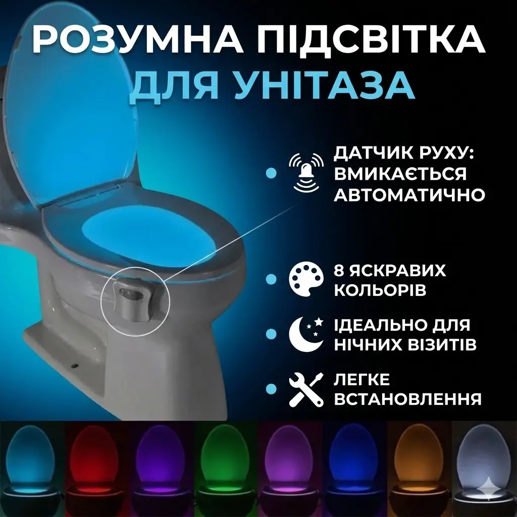 УЦІНКА! Підсвітка для унітаза з датчиком руху. Розумний LED світильник нічник у туалет Light Bowl.8 кольорів (Плохе паковання 3350