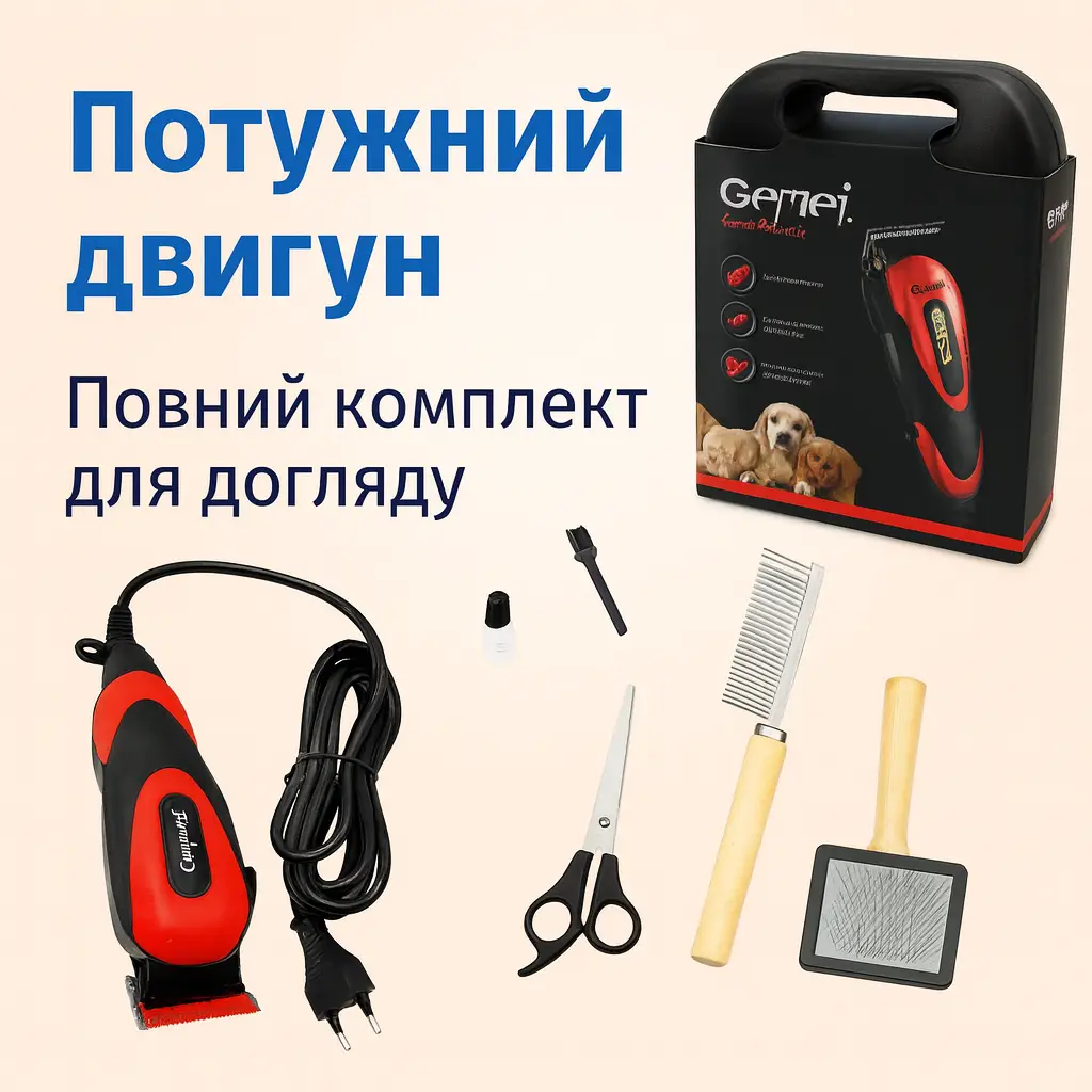 УЦІНКА! Машинка для стриження собак і кішок Geemy GM-1023, 4 насадки, щітки (пошкодження корпусу 3363)