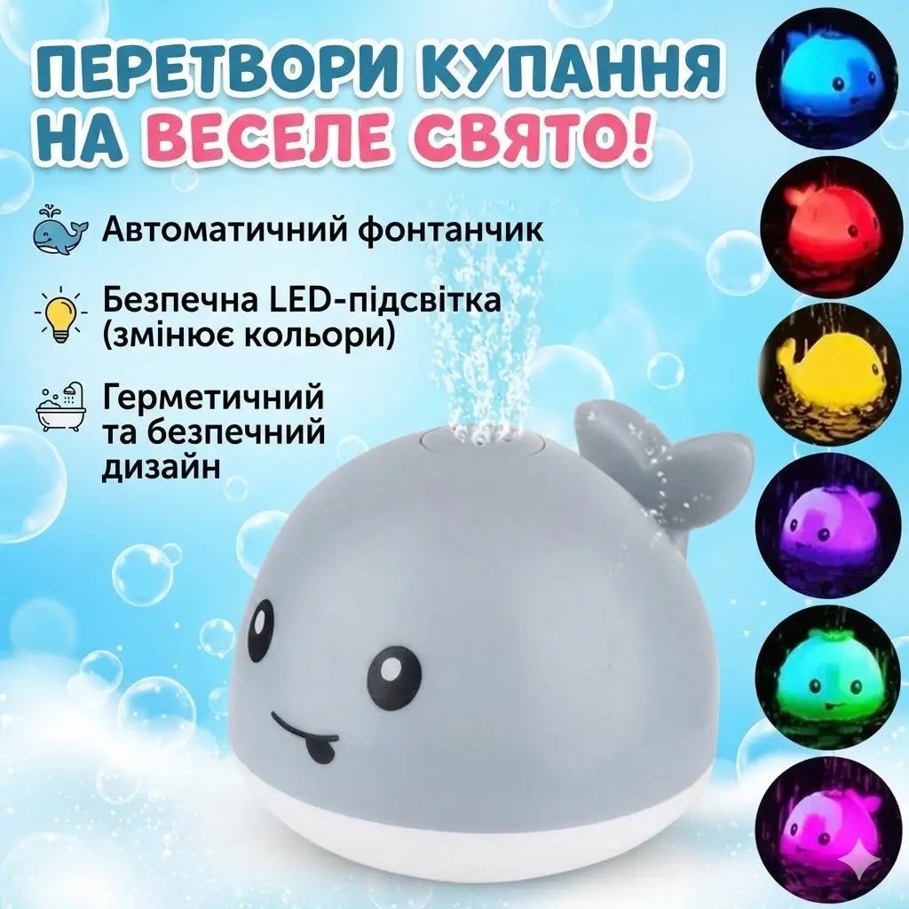 УЦІНКА! Іграшка для ванної у формі кита музичний світний фонтан сірий (Плохе паковання 2815)