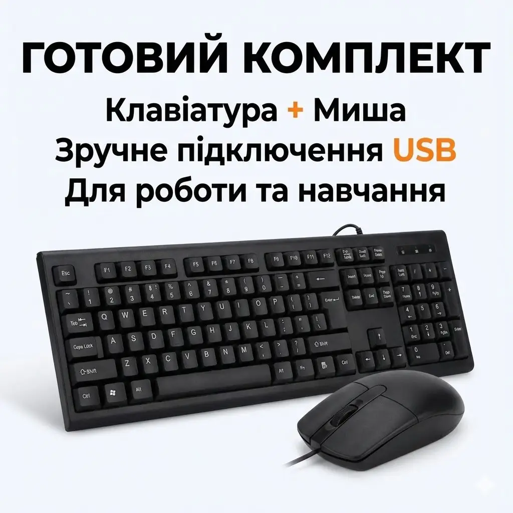 УЦІНКА! Набір клавіатура + миша дротові, USB-під'єднання, офіс/будинок, чорний колір (Немає паковання 3375)