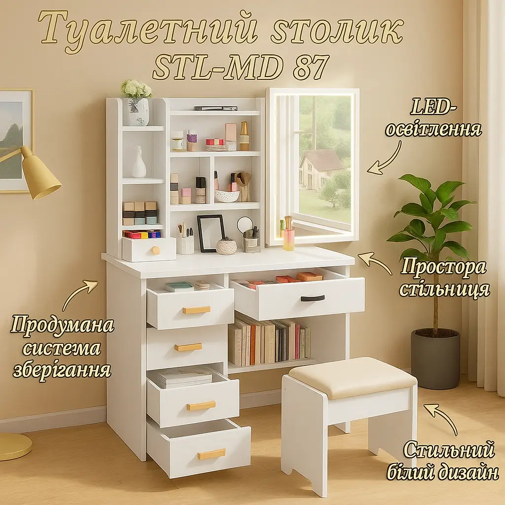 Туалетний столик STL-MD 87 з LED прямокутне дзеркало та пуфиком 128х80х35 см Білий