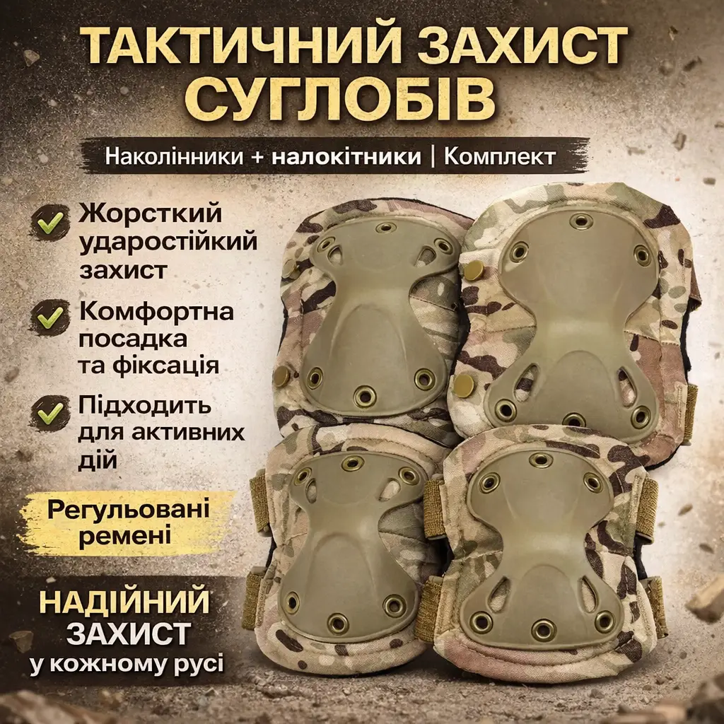 Налокітники та наколінники захисні Eagle KN-04 «Камуфляж», комплект 2+2, регульований розмір, кріплення Velcro