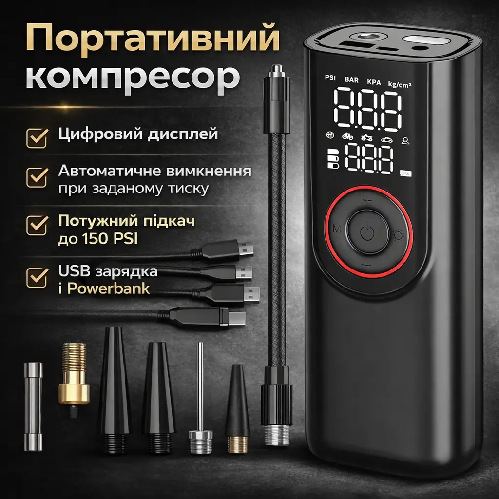 Портативний компресор з цифровим дисплеєм, автомобільний насос 12 В, міні-компресор для шин авто/мото/велосипеда