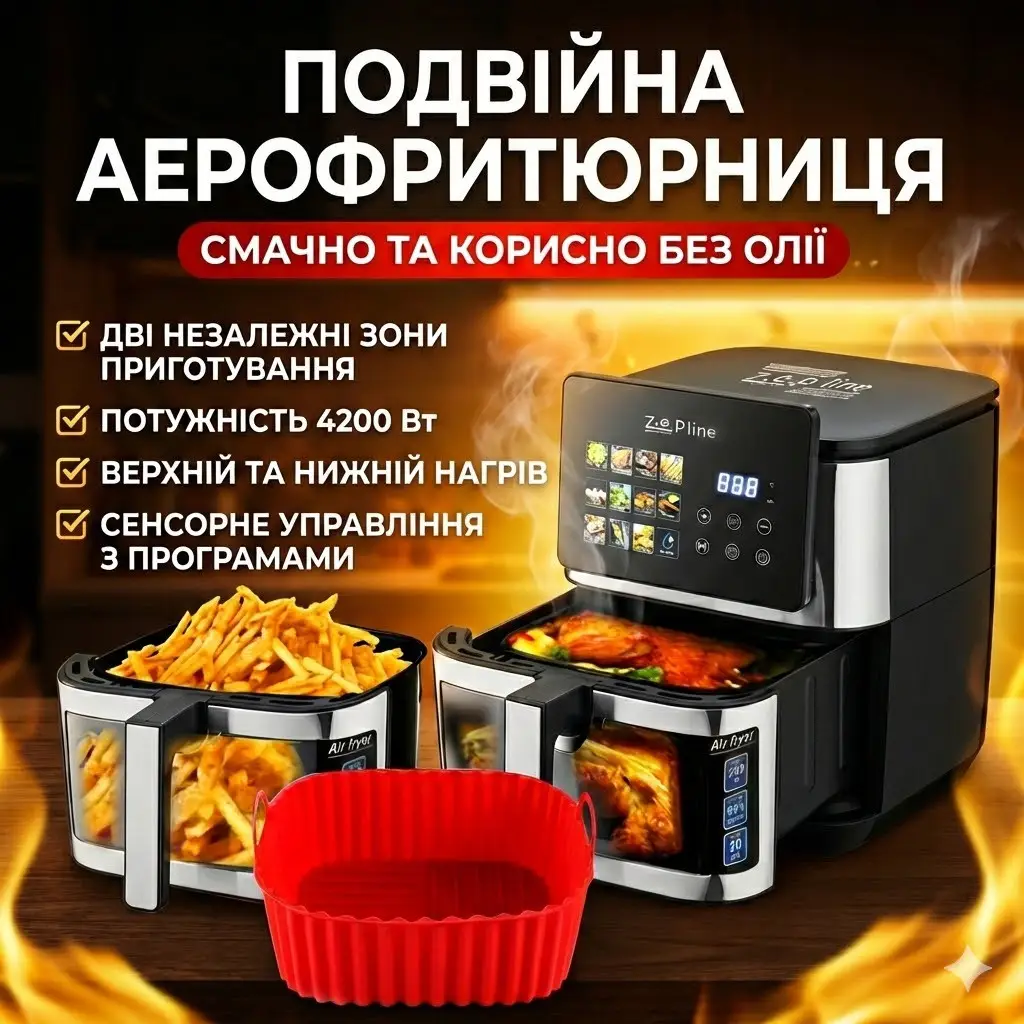 Аерофритюрниця (аерогриль) Zepline ZP-00341 13 л/ чаша 9 л, 2200 Вт, без олії, гаряче повітря 360°, 12 програм, подвійне нагріванн