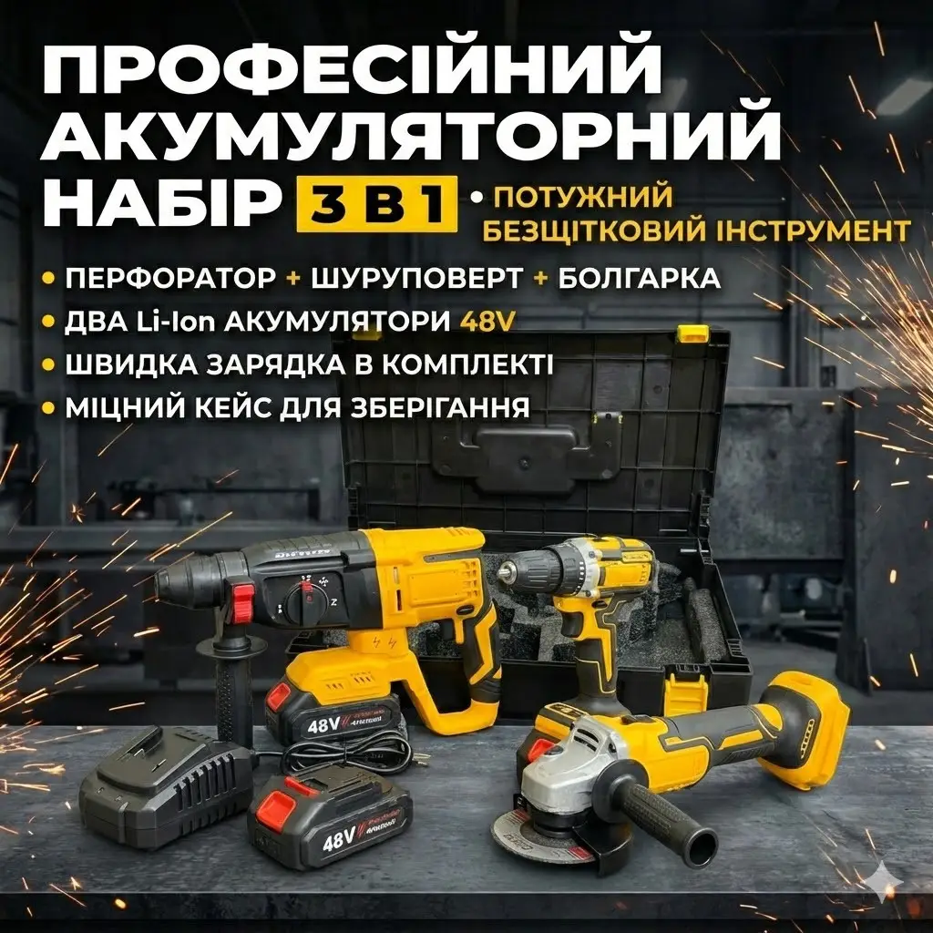 Професійний акумуляторний набір електроінструменту 3 в 1 48 V: Перфоратор, Шурупокрут, Болгарка (УШМ)