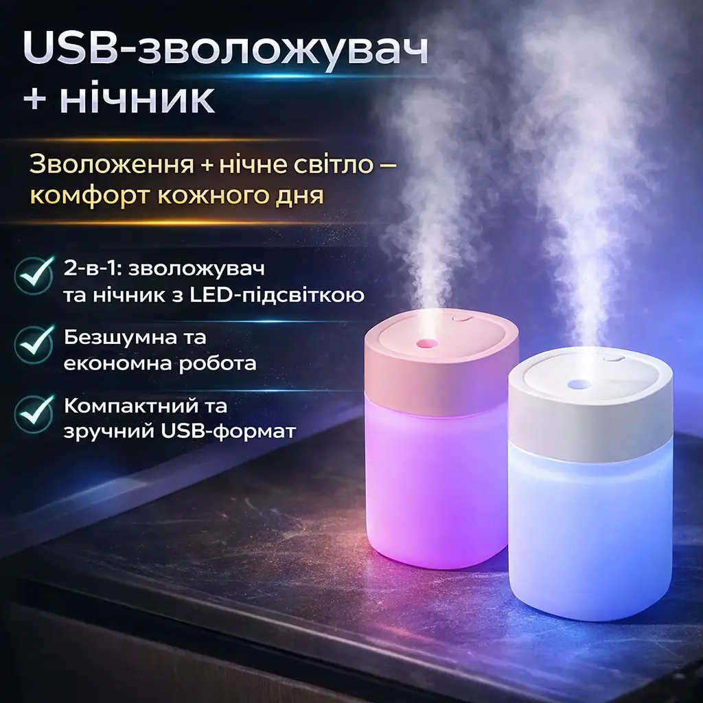 Нічник-зволожувач повітря X-37 — компактний USB-зволожувач з LED-підсвіткою для дому, офісу й автомобіля