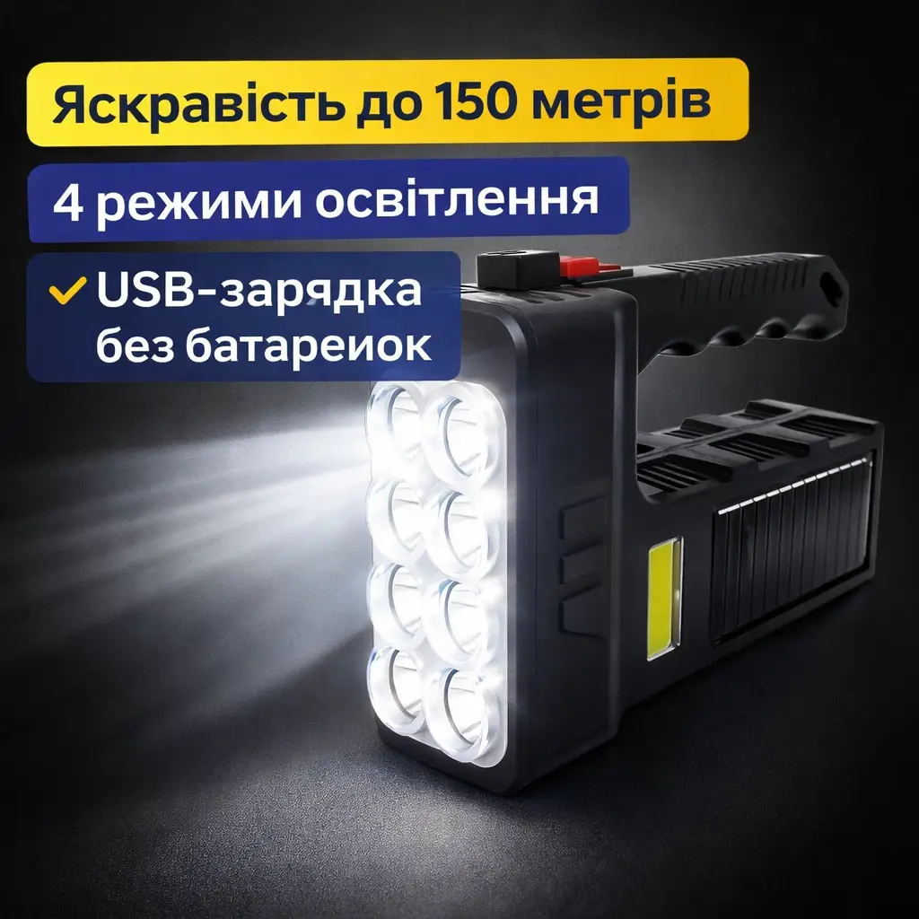 Акумуляторний ручний світлодіодний ліхтарик HX-8W з COB-підсвіткою, USB зарядкою й декількома режимами світіння