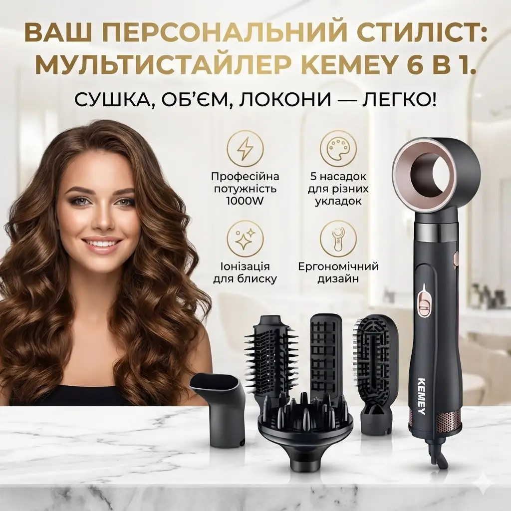 Фен-стайлер для волосся KEMEY KM-9205, 1000W, 6 насадок для укладання, з функцією брашингу та випрямлення