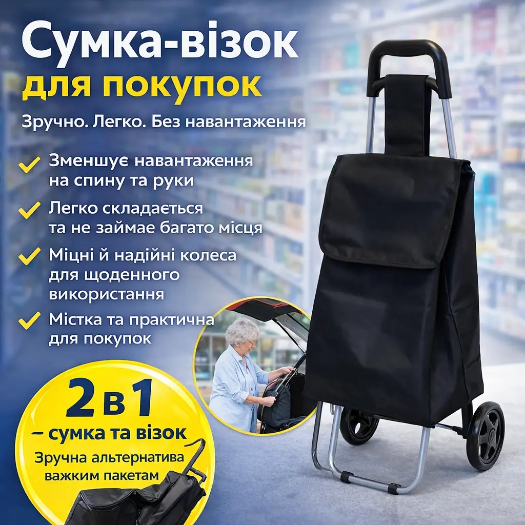 Сумка-візок для покупок Casa si Amigo складана, господарська, чорна