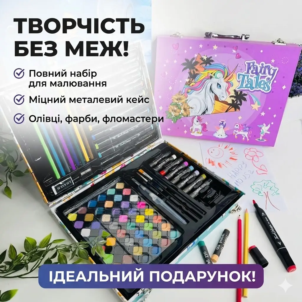 Художня металева валіза для малювання — набір для творчості 85 предметів у кейсі для дітей і художників-початківців