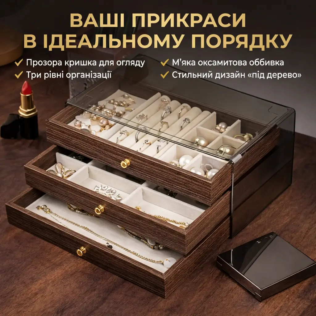 Скринька-органайзер для зберігання прикрас 3-ярусна "Дерево" з прозорою кришкою й оксамитовим оздобленням