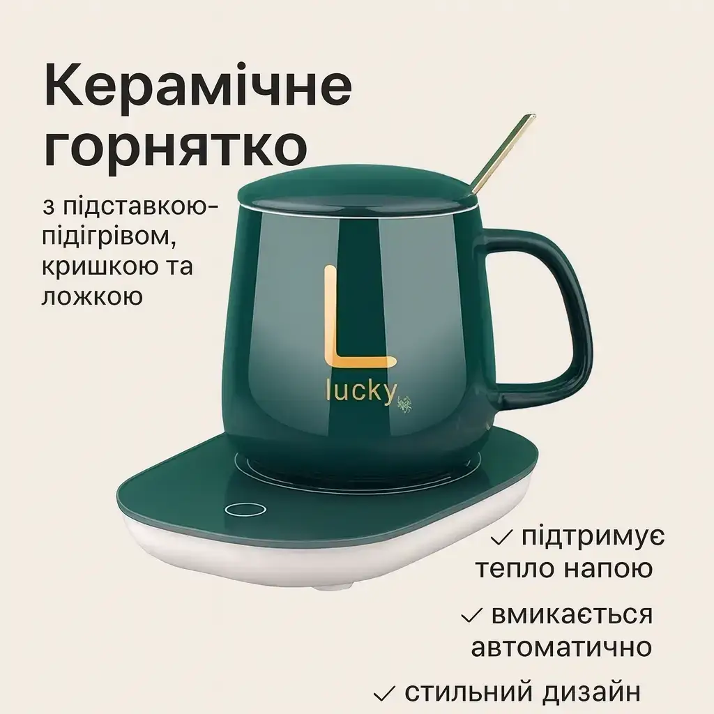 УЦІНКА! Керамічна чашка на 380 мл підставка з підігрівом, ложкою, кришкою та підігрівом Lucky Зелений (Плохе паковання 3397)