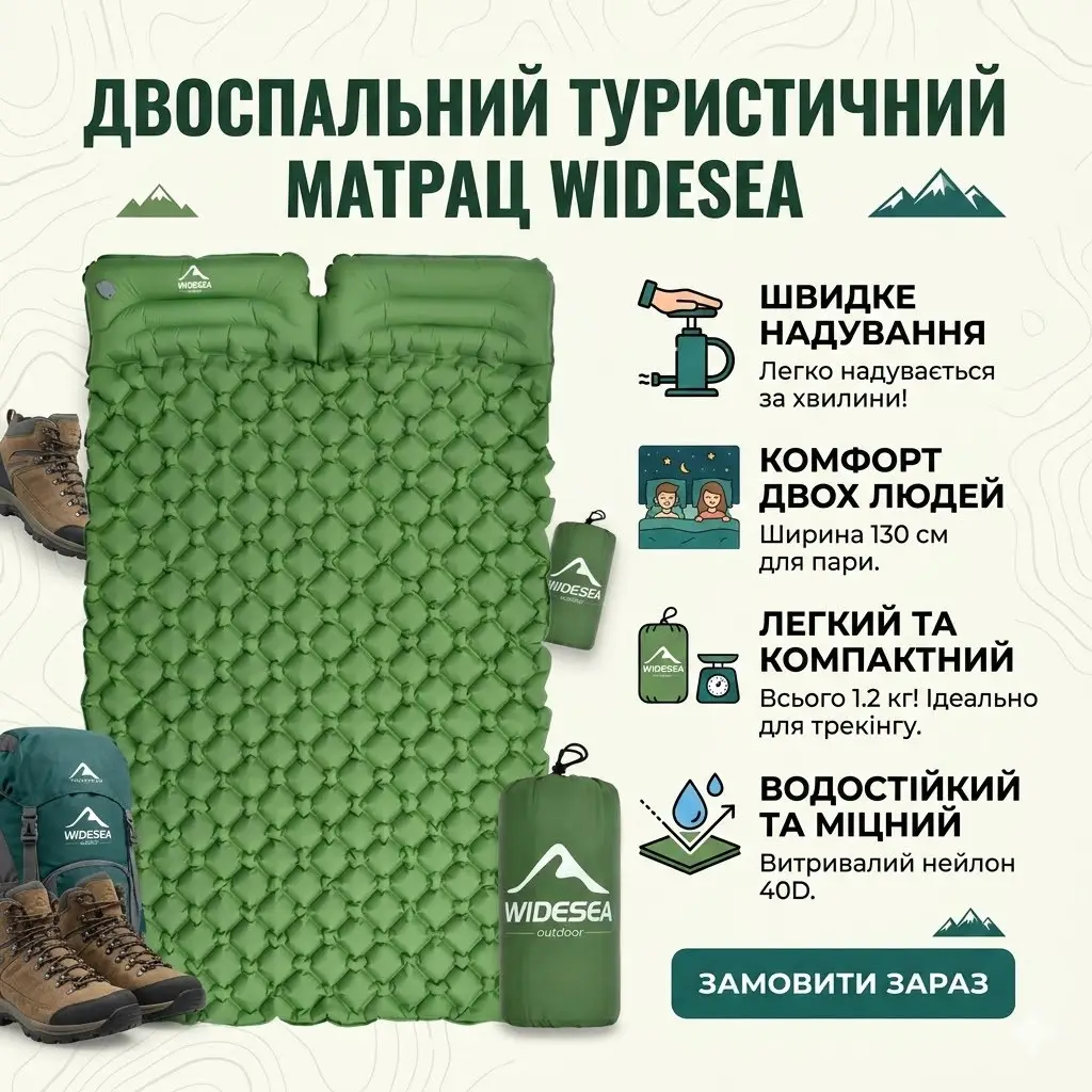 Надувний туристичний матрац-килимок NMN-207 з подушкою та чохлом, 190×120×5 см, водонепроникний, зелений