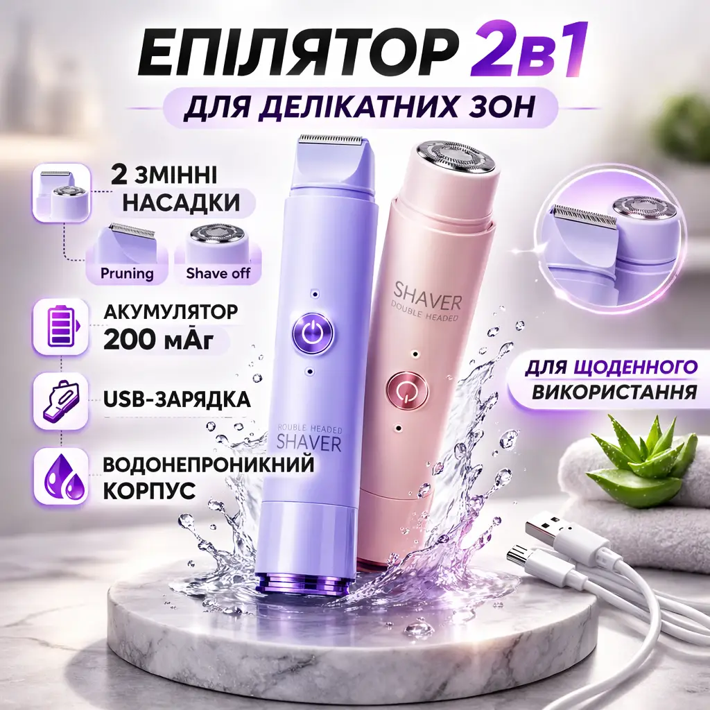 Акумуляторний епілятор-міні бритва SHAVER 2в1 101N Esonstyle з двома насадками Pruning/Shave off, USB-заряджання, водонепроникні