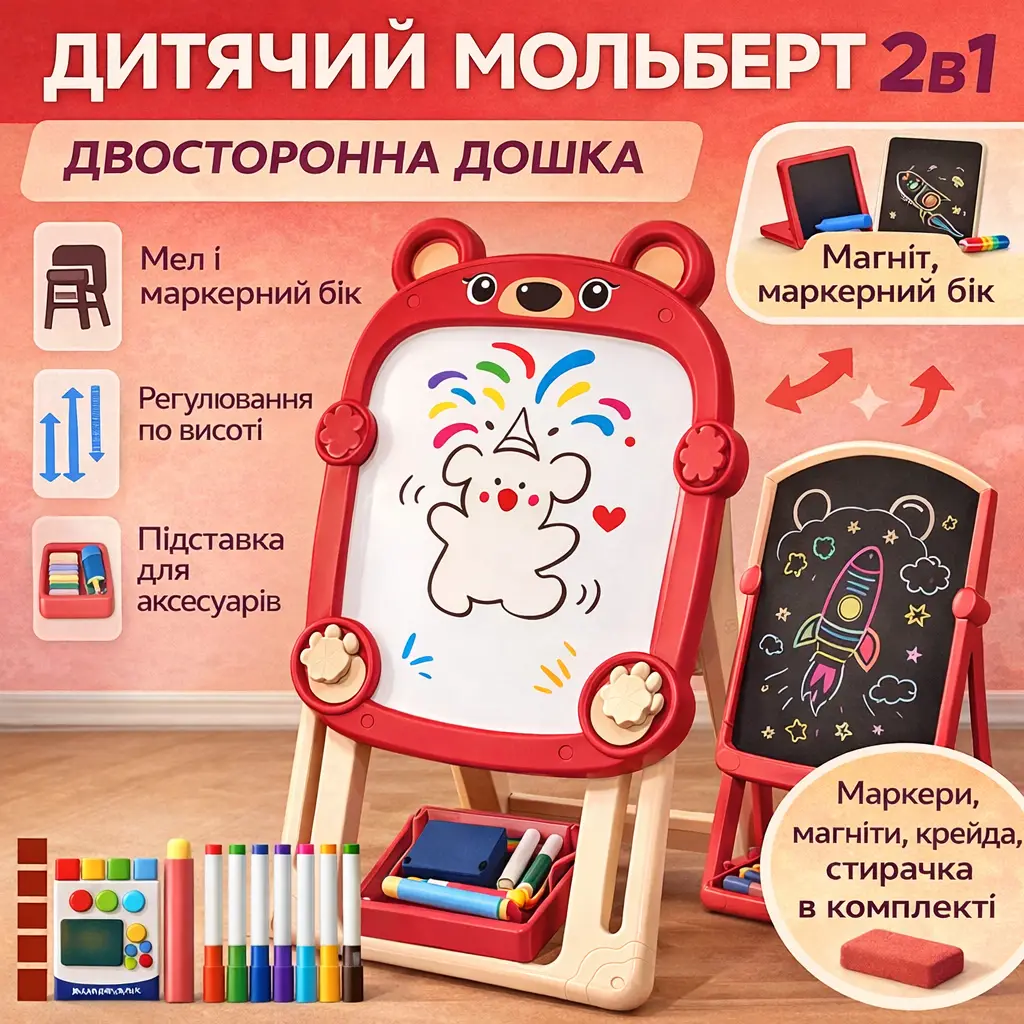 Дитячий мольберт для малювання Fan&Fan «Ведмежатко» з чорною крейдою й білою магнітною дошкою, підлоговий, з набором для творчості
