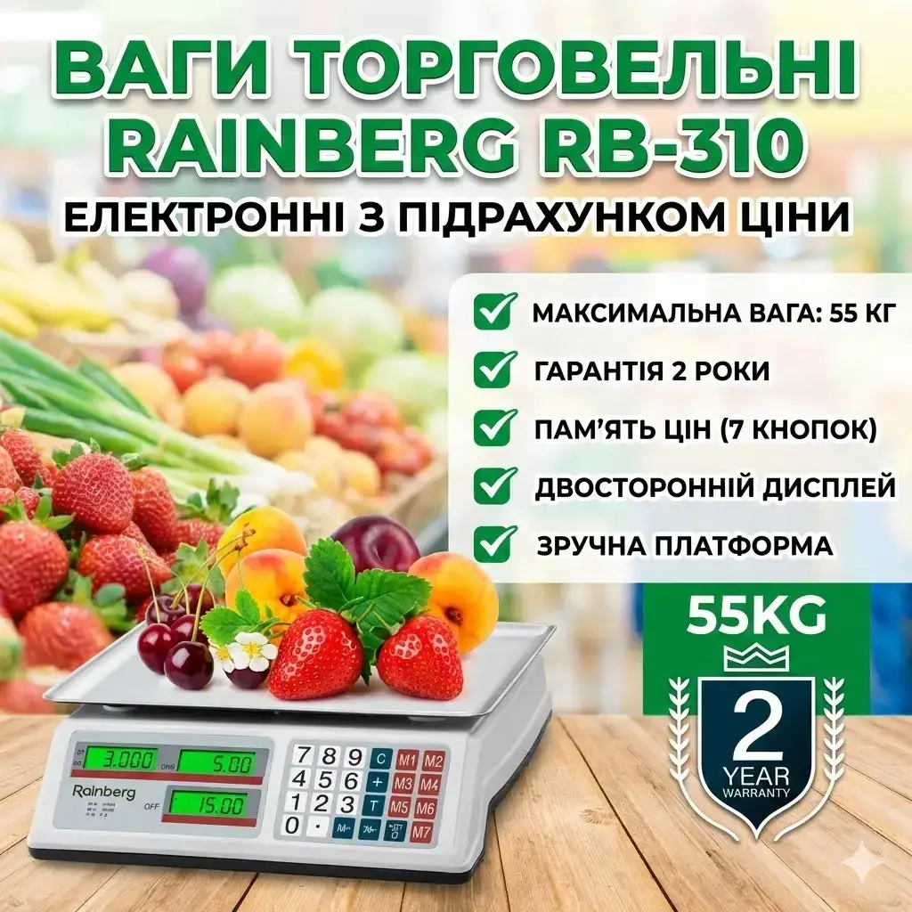 УЦІНКА! Ваги торговельні електронні Rainberg RB-310 до 55 кг з підрахунком вартості (Плохе паковання, ушкодження корпусу 3455)