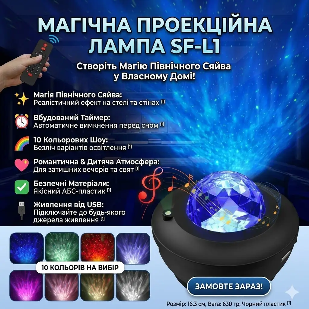 УЦІНКА! Романтична проєкційна лампа Північне сяйво для дітей SF-L1 Проєктор зоряного неба з таймером (Плохе паковання 3472)