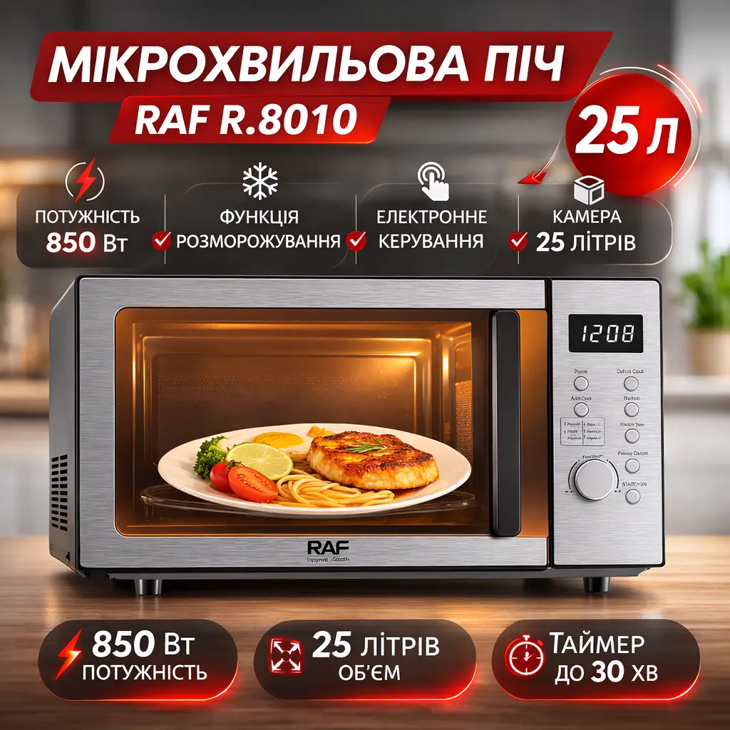 Мікрохвильова піч 25 л із функцією інтелектуального розморожування RAF R.8010 850W