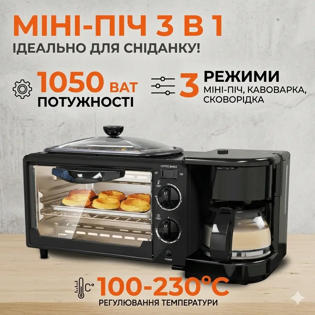 Електрична домашня піч — духовка RAF R.5308B 3 в 1 з кавомашиною й гриль-сковородою