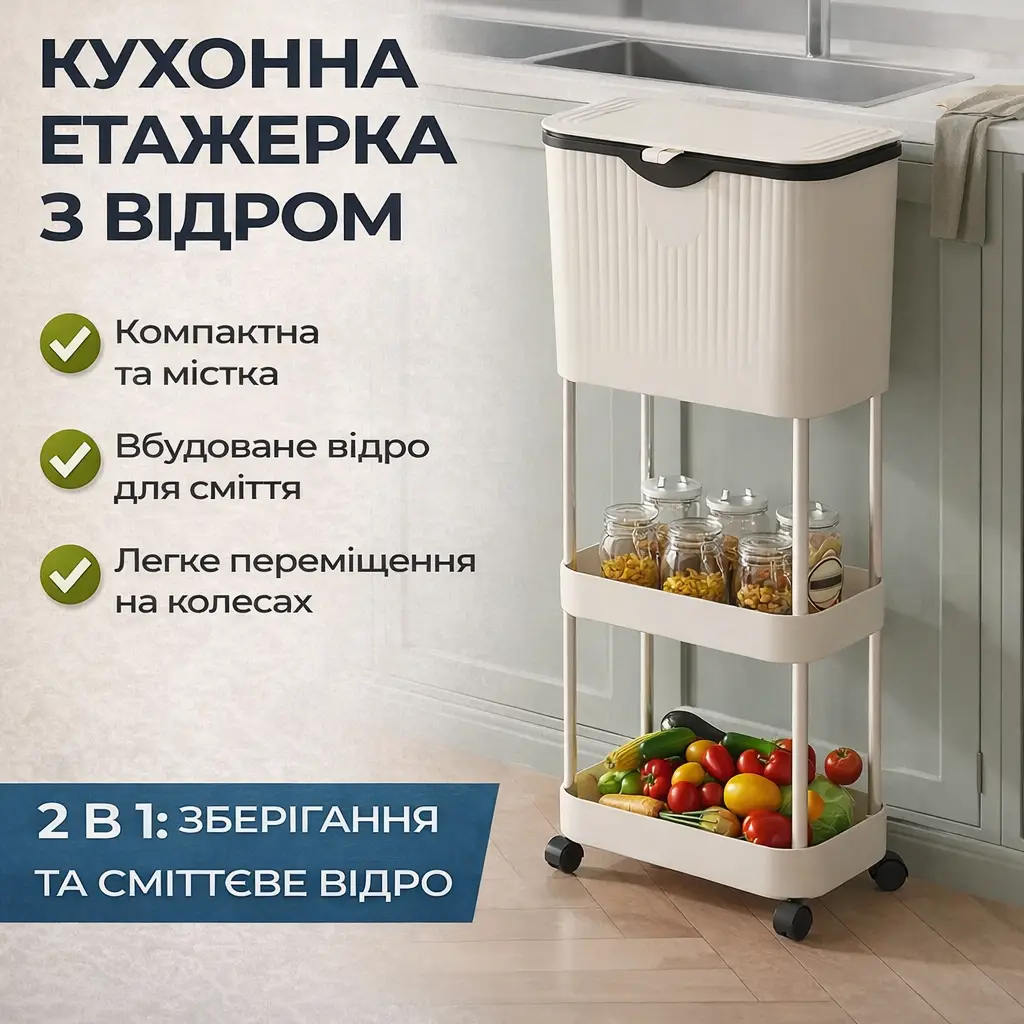Кухонний візок з урною для сміття 78,5х29х20см/Різовий стелаж на колесах/ Етажерка для кухні