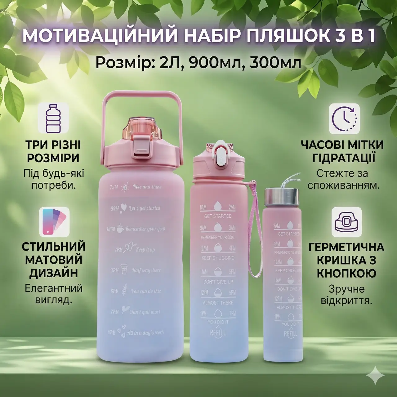 Пляшка для води 3 в 1 Bottle AND264 Рожево-блакитна комплект із 3 спортивних пляшок для води