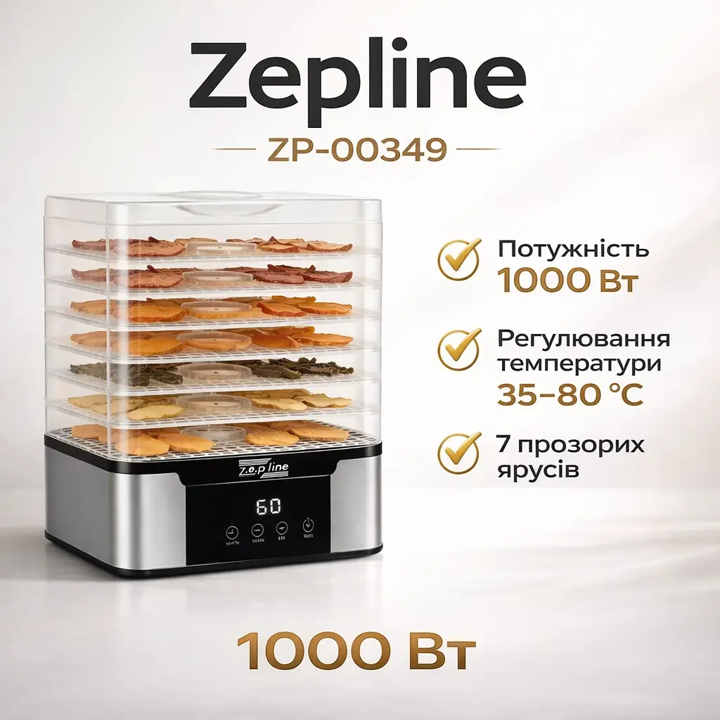 Сушарка для овочів, фруктів, м’яса та риби Zepline ZP-00349, 1000 Вт, 7 ярусів, регулювання температури 35–80 °C