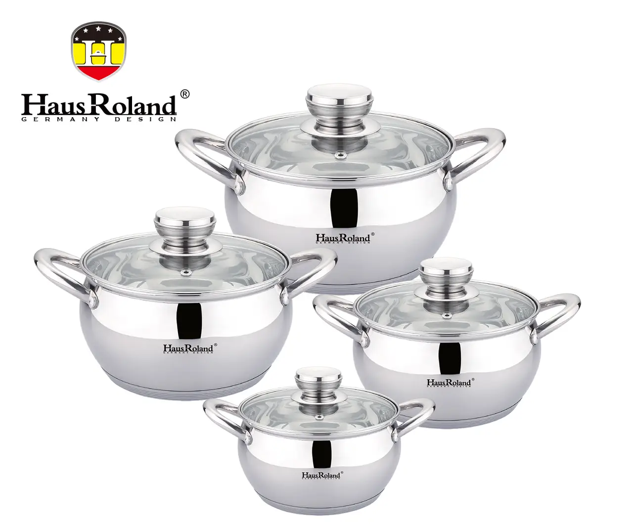 Набір каструль Haus Roland HR113-2, 4 шт. з неіржавкої сталі 1,9/2,6/3,6/6,1 л. Сріблястий (HR113-2)