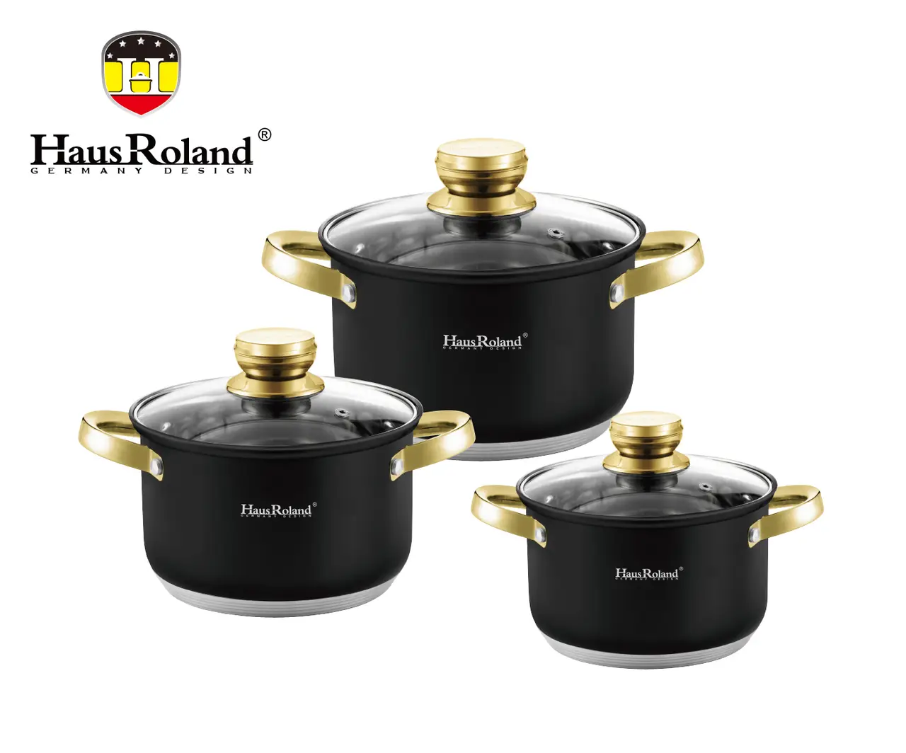 Набір каструль Haus Roland HR131-6, 3 шт. з неіржавкої сталі 2,9/3,9/5,1 л. Чорний (HR131-6)