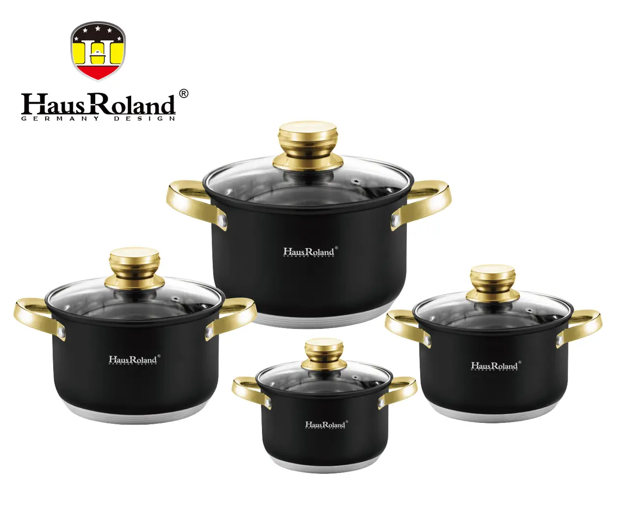 Набір каструль Haus Roland HR131-7, 4 шт. з неіржавкої сталі 2,1/2,9/3,9/6,1 л. Чорний (HR131-7)