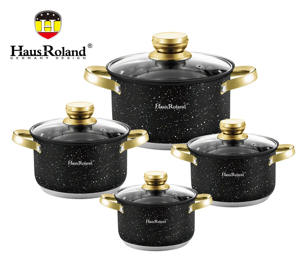 Набір каструль Haus Roland HR131-10, 4 шт. з неіржавкої сталі 2,1/2,8/3,9/6,1 л, з гранітним покриттям. Чорний (HR131-10)