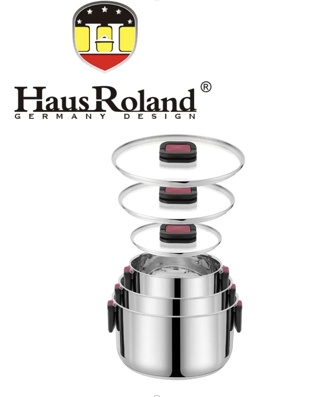 Набір каструль Haus Roland HR168-1, 3 шт. з неіржавкої сталі 1,9/3,6/6,5 л, зі складаними ручками. Сріблястий (HR168-1)