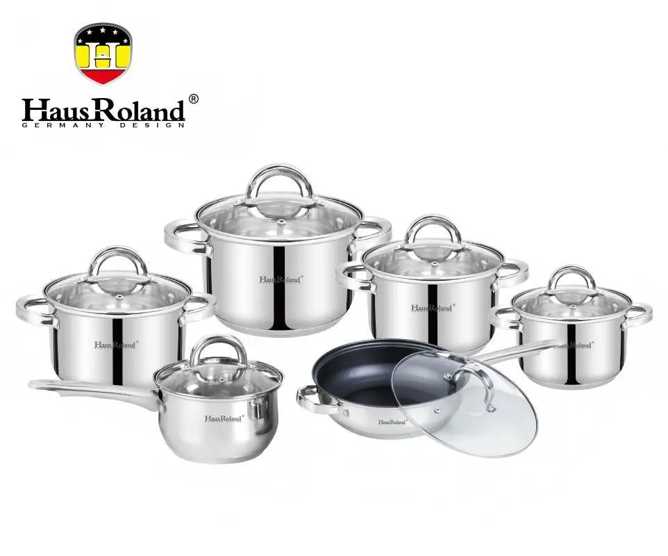 Набір посуду Haus Roland HR101-2, 12 предметів із неіржавкої сталі: каструлі 1,9/2,7/3,6/6,1 л, ківш 1,9 л, сковорода 2,9 л (HR101