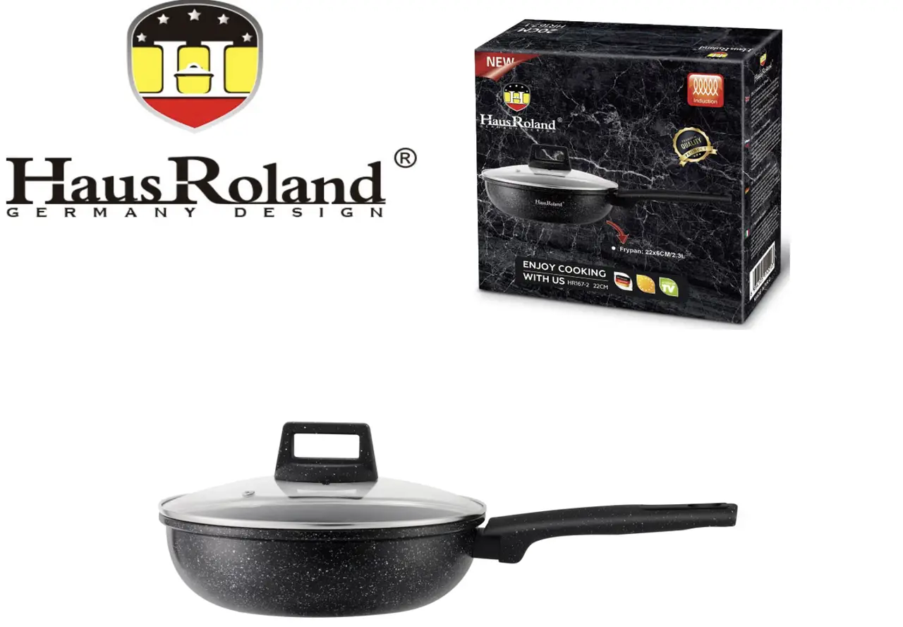 Сковорода Haus Roland HR167-3, 24 см, алюмінієва, 2,9 л, з кришкою. Чорний (HR167-3)