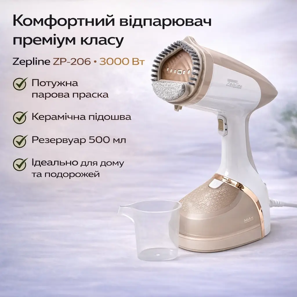 Відпарювач Zepline ZP-206 Бежевий– портативна праска-відпарювач для одягу