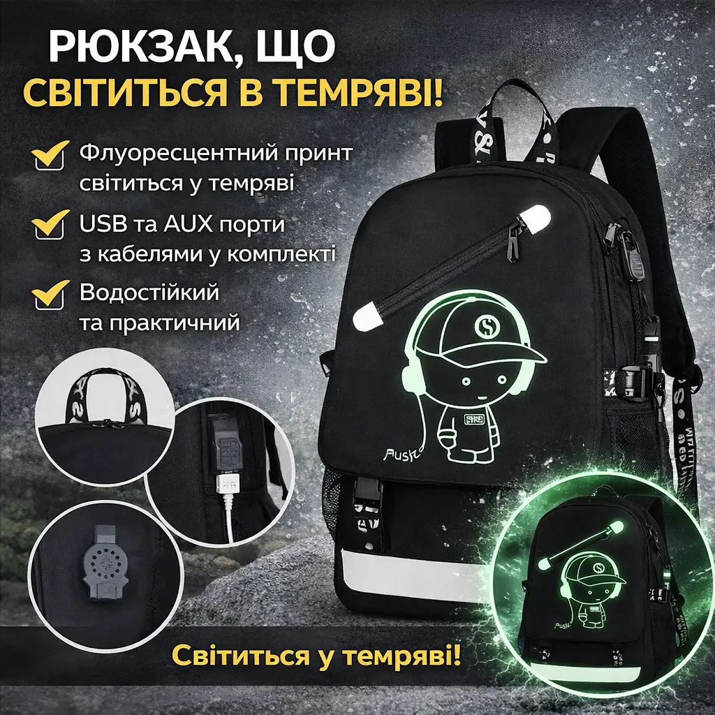 УЦІНКА! Водонепроникний рюкзак music з USB-світиться в темряві чорний (Немає паковання 3521)